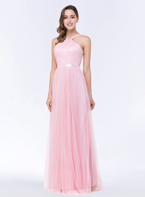 A-line Halter Tulle Chiffon Floor-Length Dress with Sash-koscy