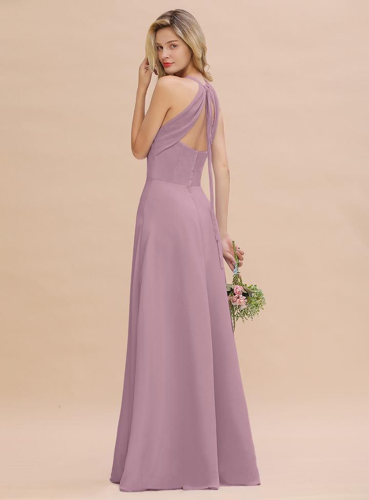 A-line Halter V-Neck Chiffon Floor-Length Dress Lavender-koscy
