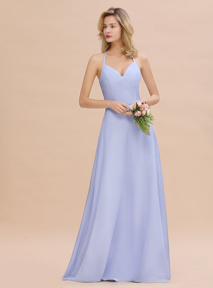 A-line Halter V-Neck Chiffon Floor-Length Dress Lavender-koscy