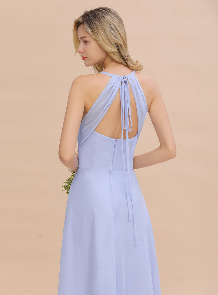 A-line Halter V-Neck Chiffon Floor-Length Dress Lavender-koscy