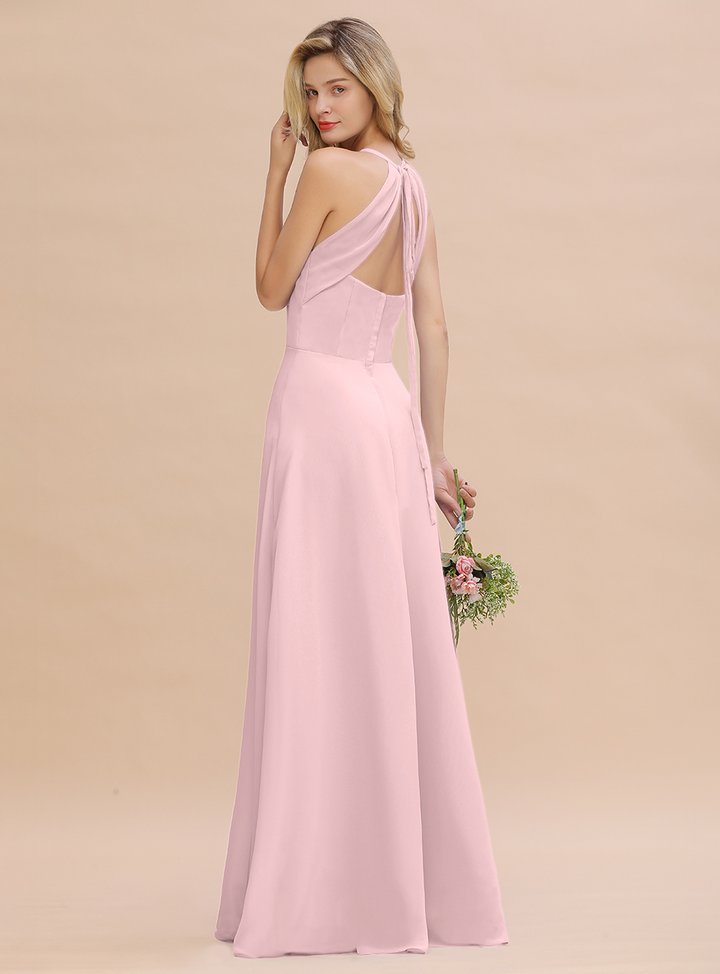 A-line Halter V-Neck Chiffon Floor-Length Dress Lavender-koscy