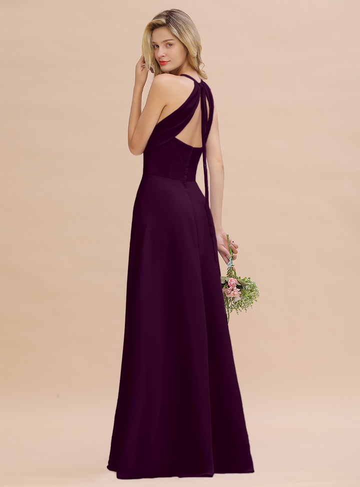 A-line Halter V-Neck Chiffon Floor-Length Dress Lavender-koscy