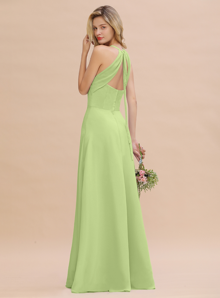 A-line Halter V-Neck Chiffon Floor-Length Dress Lavender-koscy