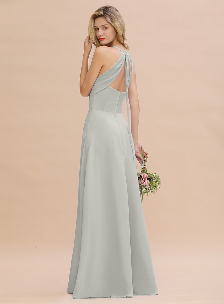 A-line Halter V-Neck Chiffon Floor-Length Dress Lavender-koscy