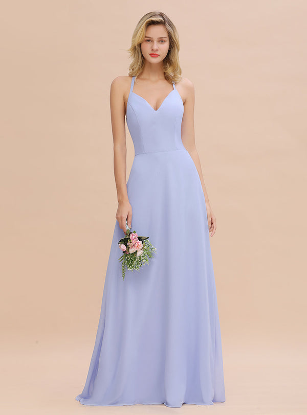 A-line Halter V-Neck Chiffon Floor-Length Dress Lavender-koscy