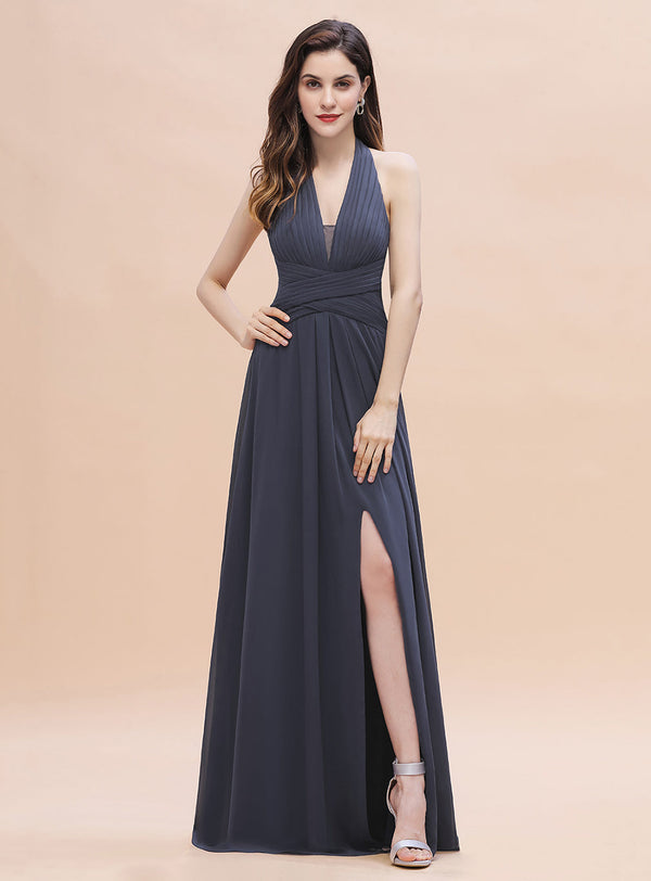 A-Line Halter V-Neck Chiffon Ruffles Dress-koscy