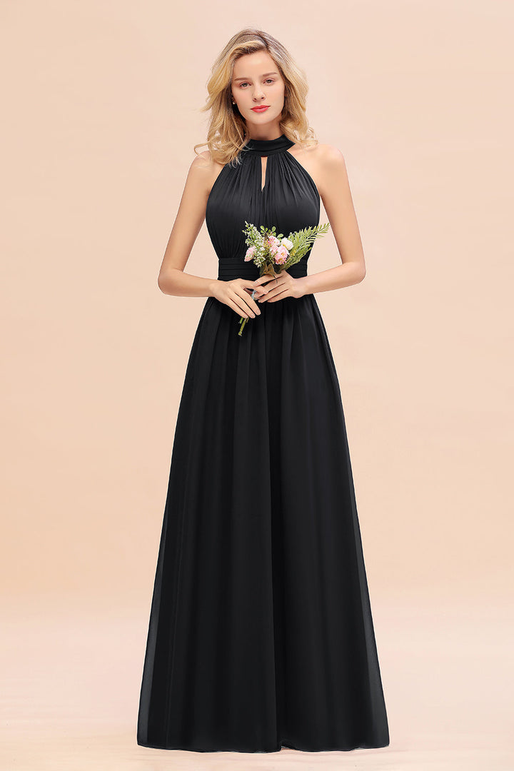 A-line High-Neck Halter Ruffle Chiffon Floor-Length Dress-koscy