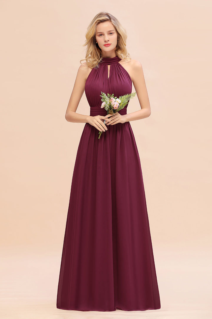 A-line High-Neck Halter Ruffle Chiffon Floor-Length Dress-koscy