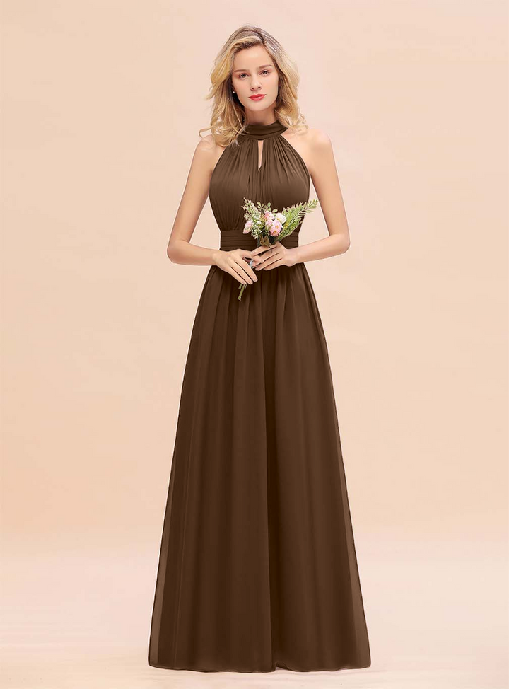 A-line High-Neck Halter Ruffle Chiffon Floor-Length Dress-koscy