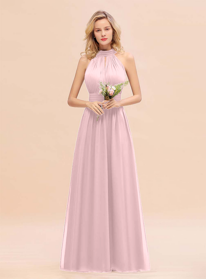 A-line High-Neck Halter Ruffle Chiffon Floor-Length Dress-koscy