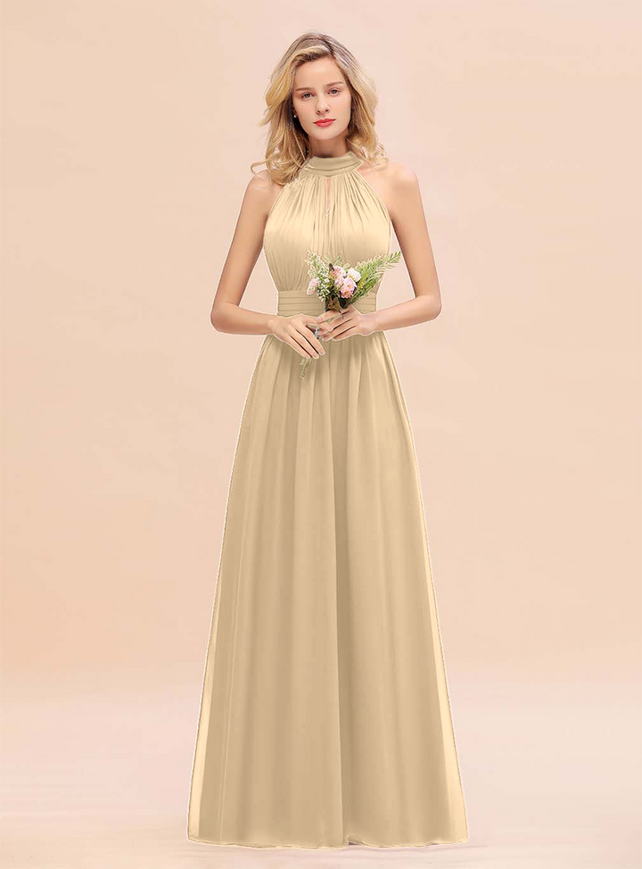 A-line High-Neck Halter Ruffle Chiffon Floor-Length Dress-koscy