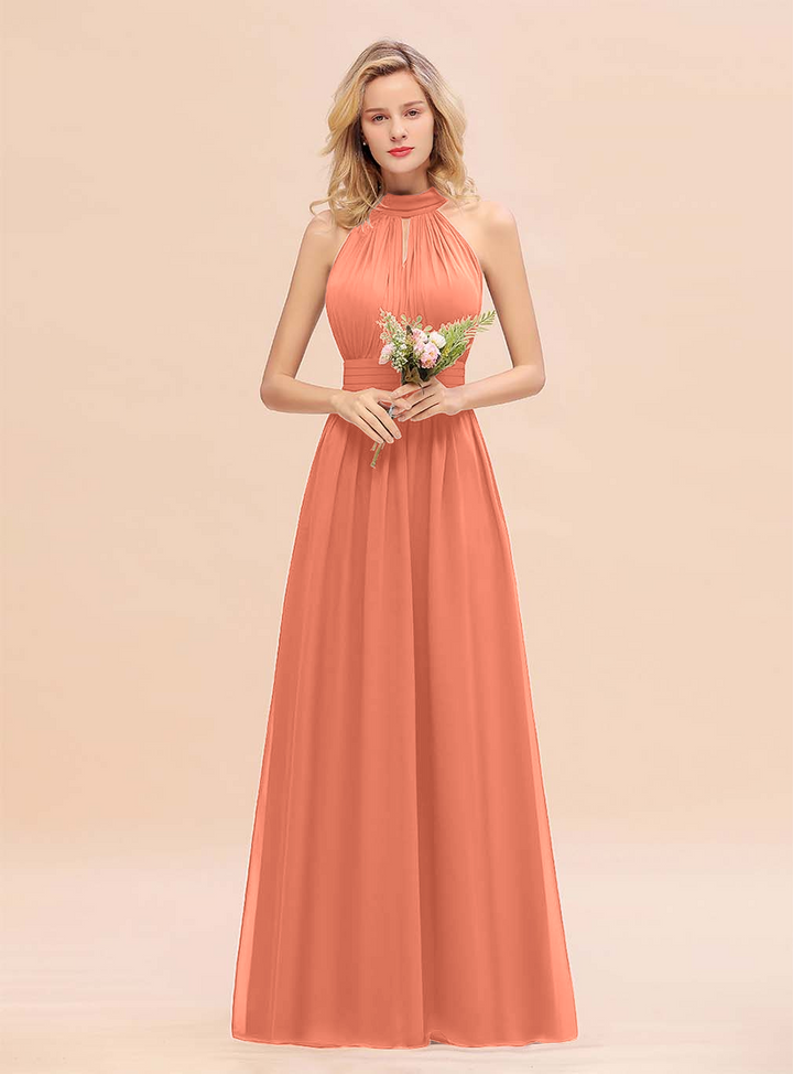 A-line High-Neck Halter Ruffle Chiffon Floor-Length Dress-koscy