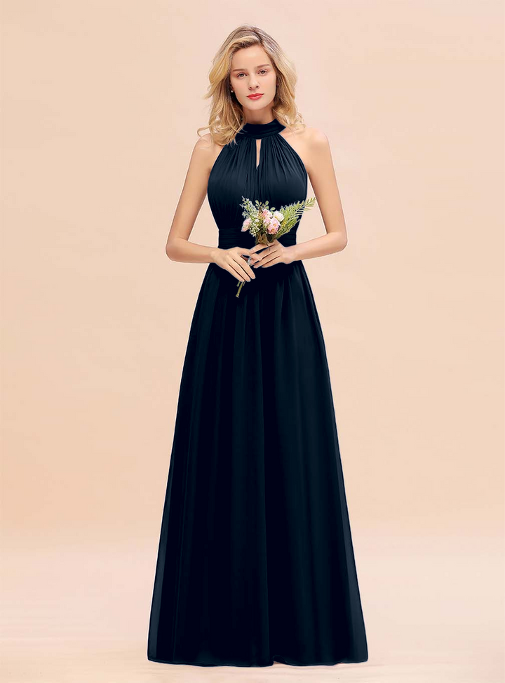 A-line High-Neck Halter Ruffle Chiffon Floor-Length Dress-koscy