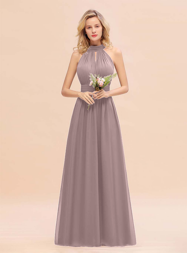 A-line High-Neck Halter Ruffle Chiffon Floor-Length Dress-koscy