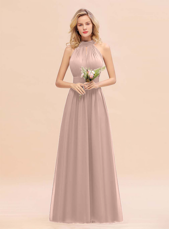 A-line High-Neck Halter Ruffle Chiffon Floor-Length Dress-koscy