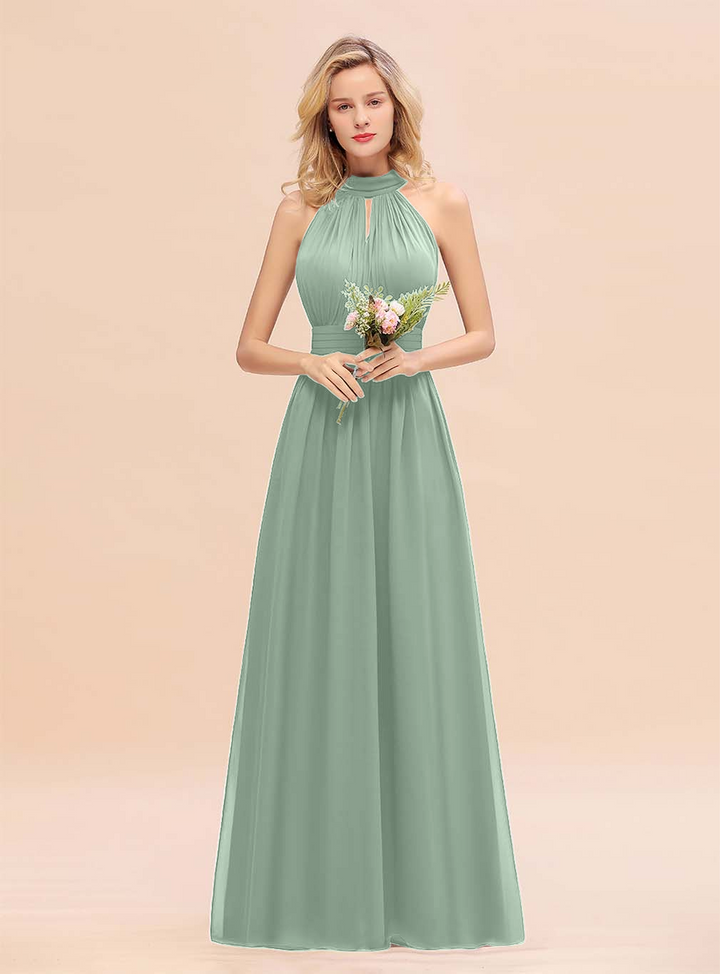 A-line High-Neck Halter Ruffle Chiffon Floor-Length Dress-koscy