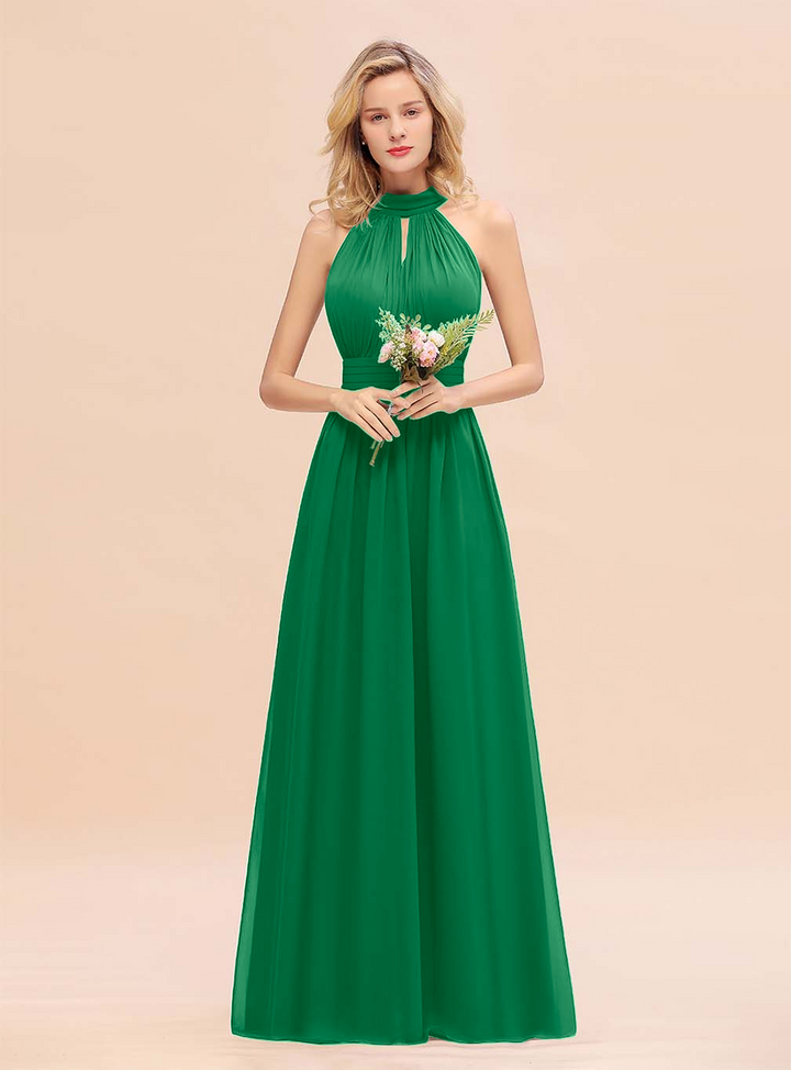 A-line High-Neck Halter Ruffle Chiffon Floor-Length Dress-koscy