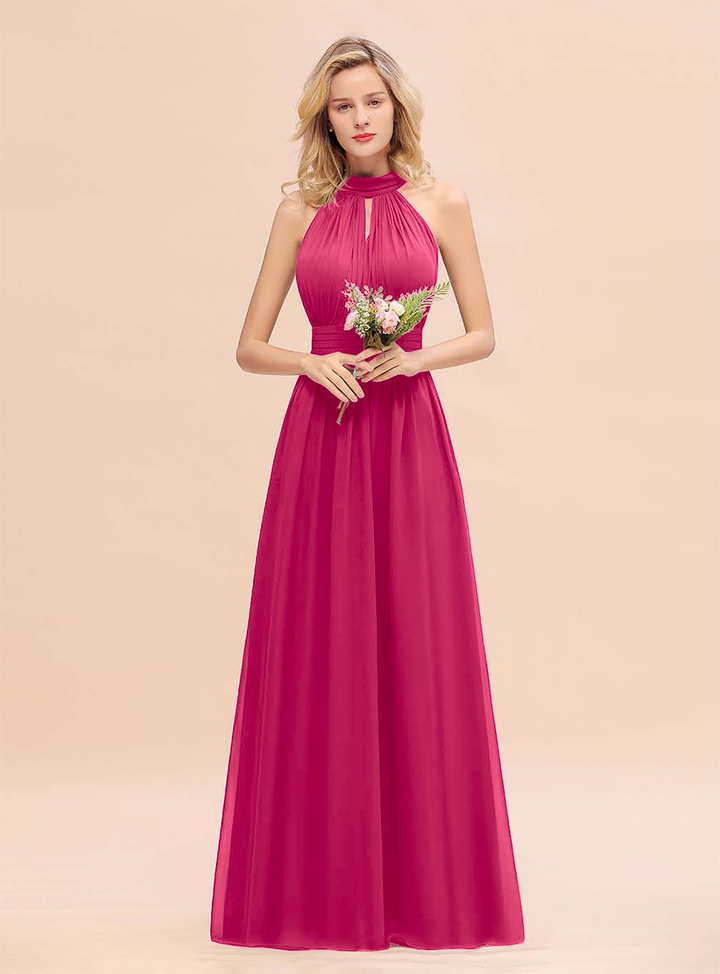 A-line High-Neck Halter Ruffle Chiffon Floor-Length Dress-koscy