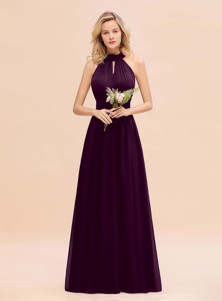 A-line High-Neck Halter Ruffle Chiffon Floor-Length Dress-koscy