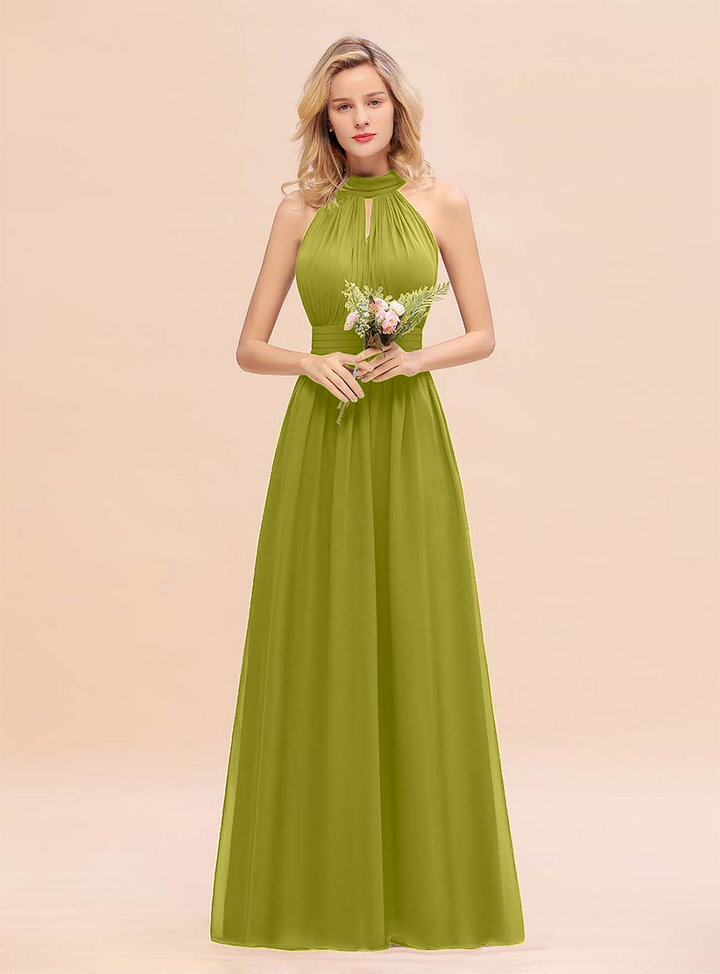 A-line High-Neck Halter Ruffle Chiffon Floor-Length Dress-koscy