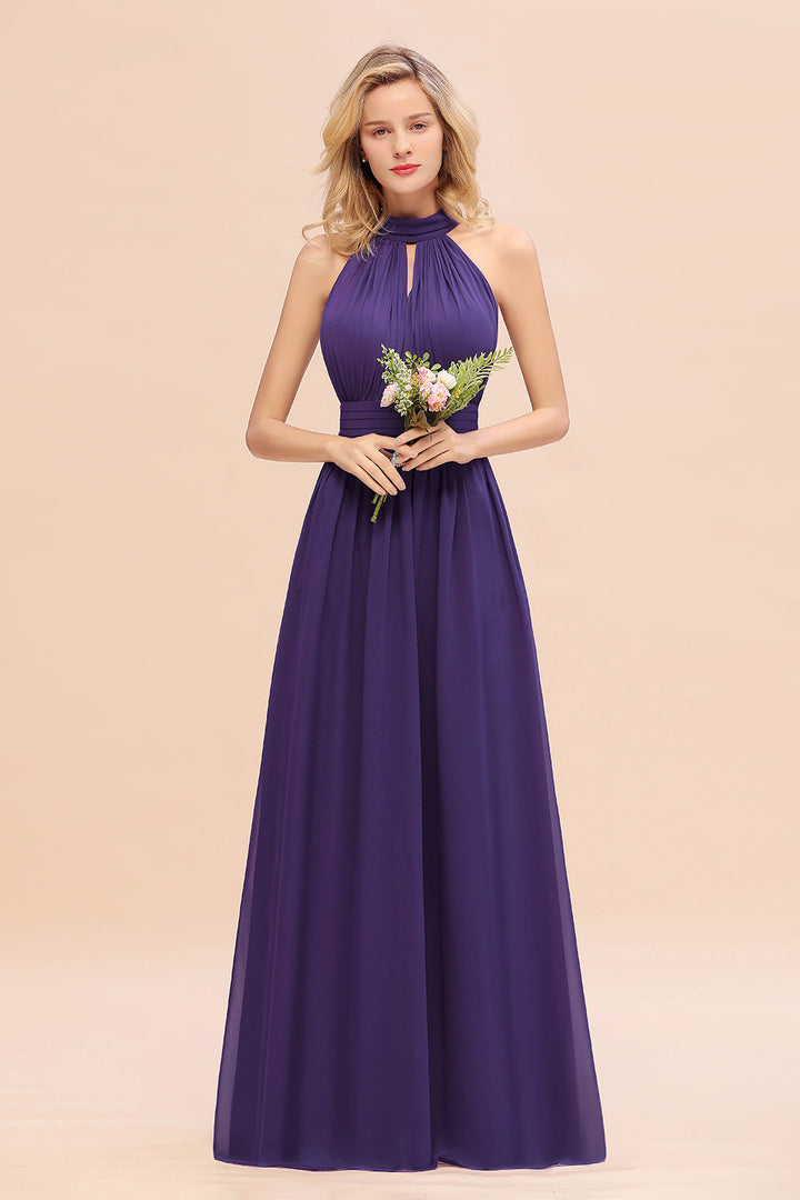 A-line High-Neck Halter Ruffle Chiffon Floor-Length Dress-koscy