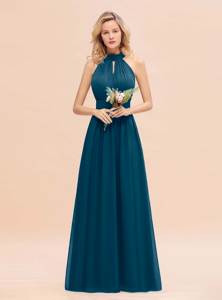 A-line High-Neck Halter Ruffle Chiffon Floor-Length Dress-koscy