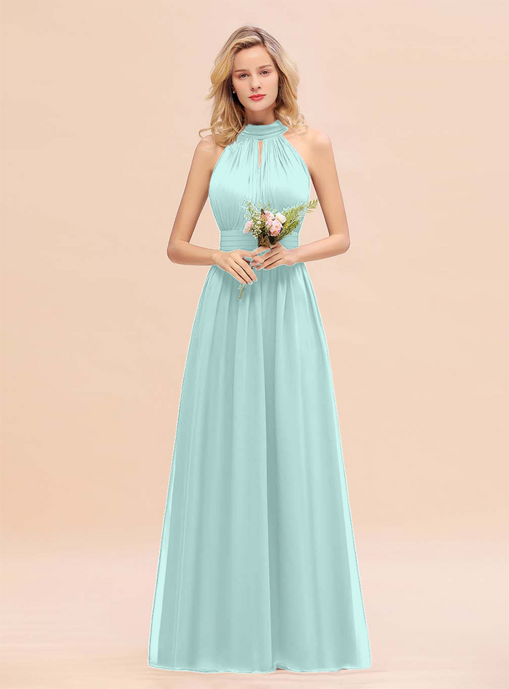 A-line High-Neck Halter Ruffle Chiffon Floor-Length Dress-koscy