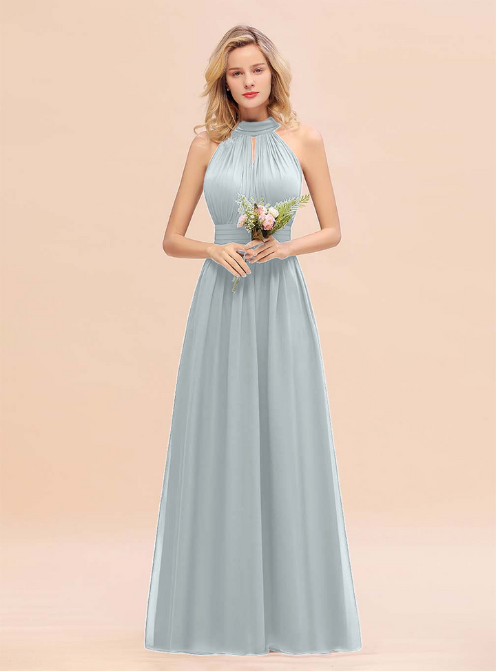 A-line High-Neck Halter Ruffle Chiffon Floor-Length Dress-koscy