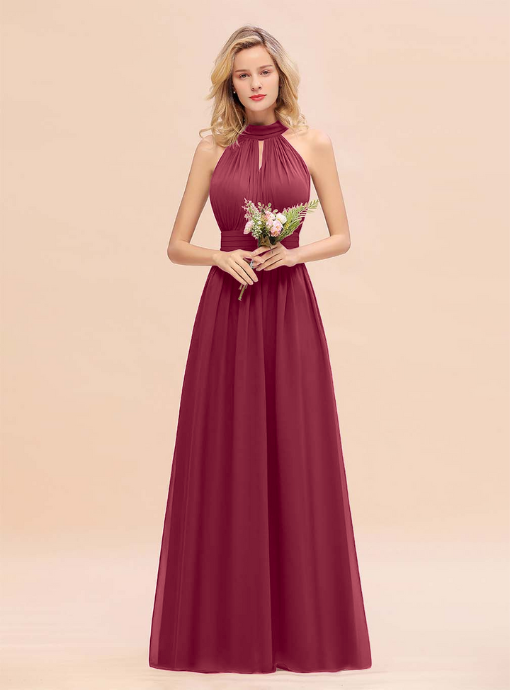 A-line High-Neck Halter Ruffle Chiffon Floor-Length Dress-koscy