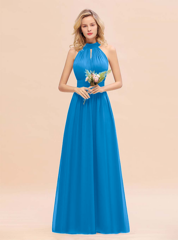 A-line High-Neck Halter Ruffle Chiffon Floor-Length Dress-koscy