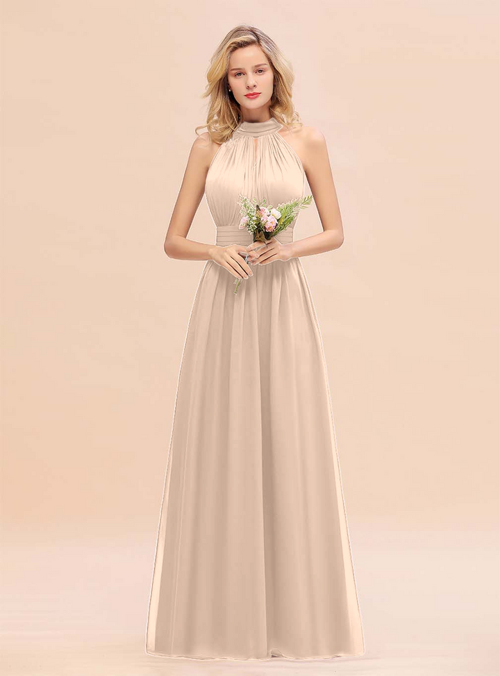 A-line High-Neck Halter Ruffle Chiffon Floor-Length Dress-koscy