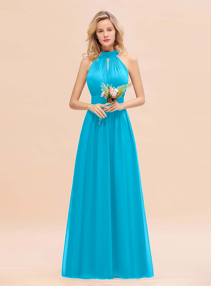 A-line High-Neck Halter Ruffle Chiffon Floor-Length Dress-koscy