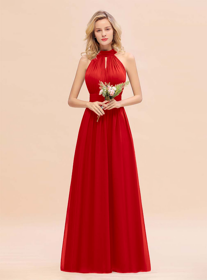 A-line High-Neck Halter Ruffle Chiffon Floor-Length Dress-koscy