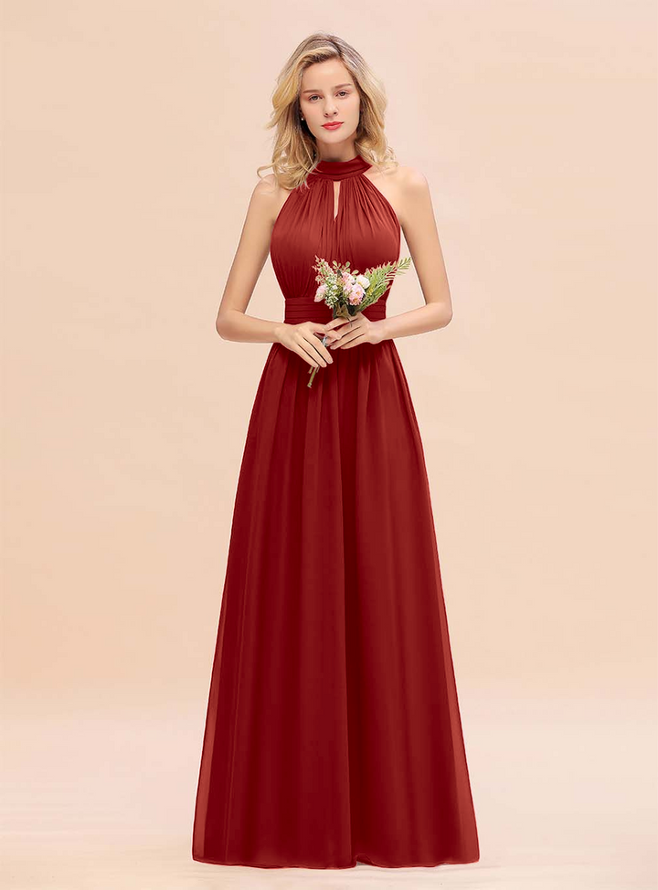 A-line High-Neck Halter Ruffle Chiffon Floor-Length Dress-koscy