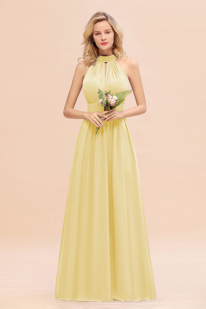 A-line High-Neck Halter Ruffle Chiffon Floor-Length Dress-koscy