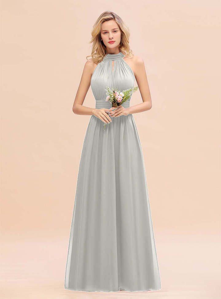 A-line High-Neck Halter Ruffle Chiffon Floor-Length Dress-koscy