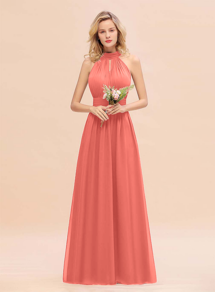 A-line High-Neck Halter Ruffle Chiffon Floor-Length Dress-koscy