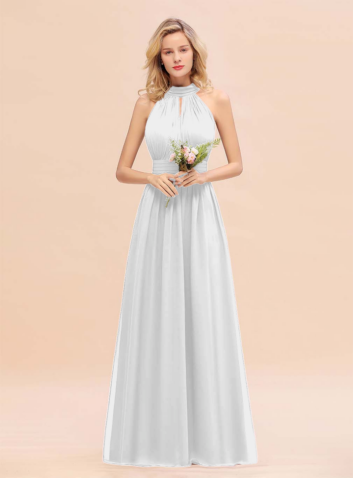 A-line High-Neck Halter Ruffle Chiffon Floor-Length Dress-koscy