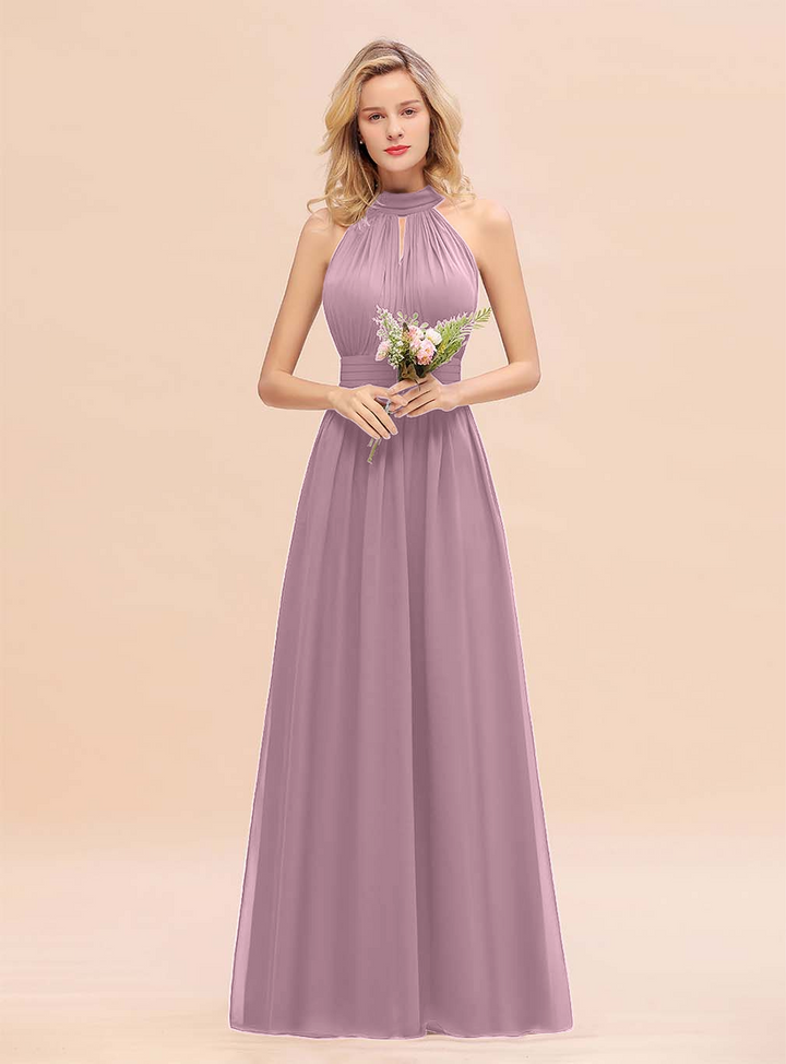 A-line High-Neck Halter Ruffle Chiffon Floor-Length Dress-koscy