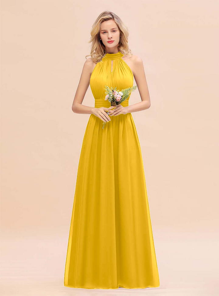 A-line High-Neck Halter Ruffle Chiffon Floor-Length Dress-koscy