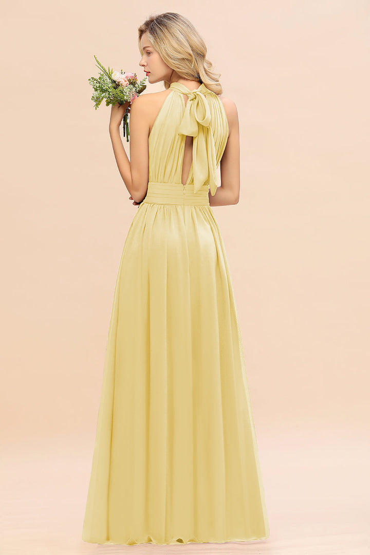 A-line High-Neck Halter Ruffle Chiffon Floor-Length Dress-koscy