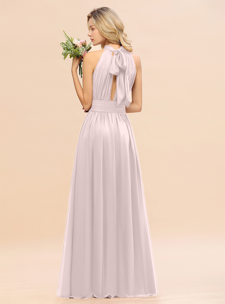 A-line High-Neck Halter Ruffle Chiffon Floor-Length Dress-koscy