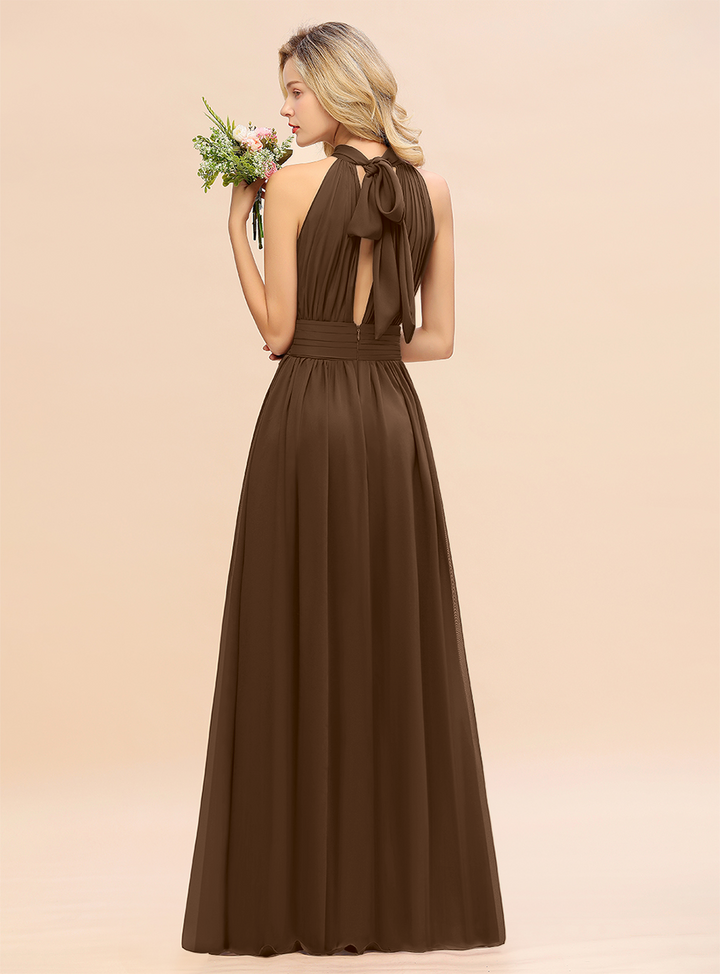 A-line High-Neck Halter Ruffle Chiffon Floor-Length Dress-koscy