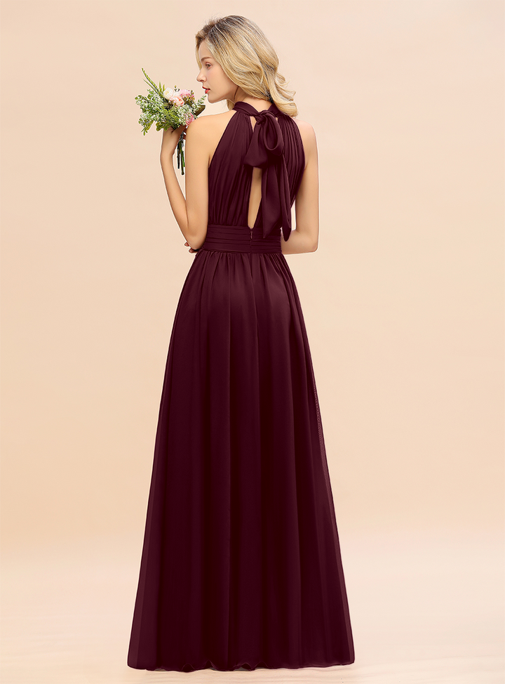 A-line High-Neck Halter Ruffle Chiffon Floor-Length Dress-koscy