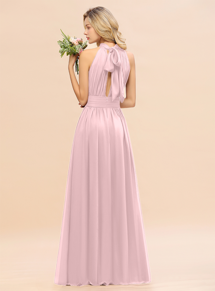 A-line High-Neck Halter Ruffle Chiffon Floor-Length Dress-koscy