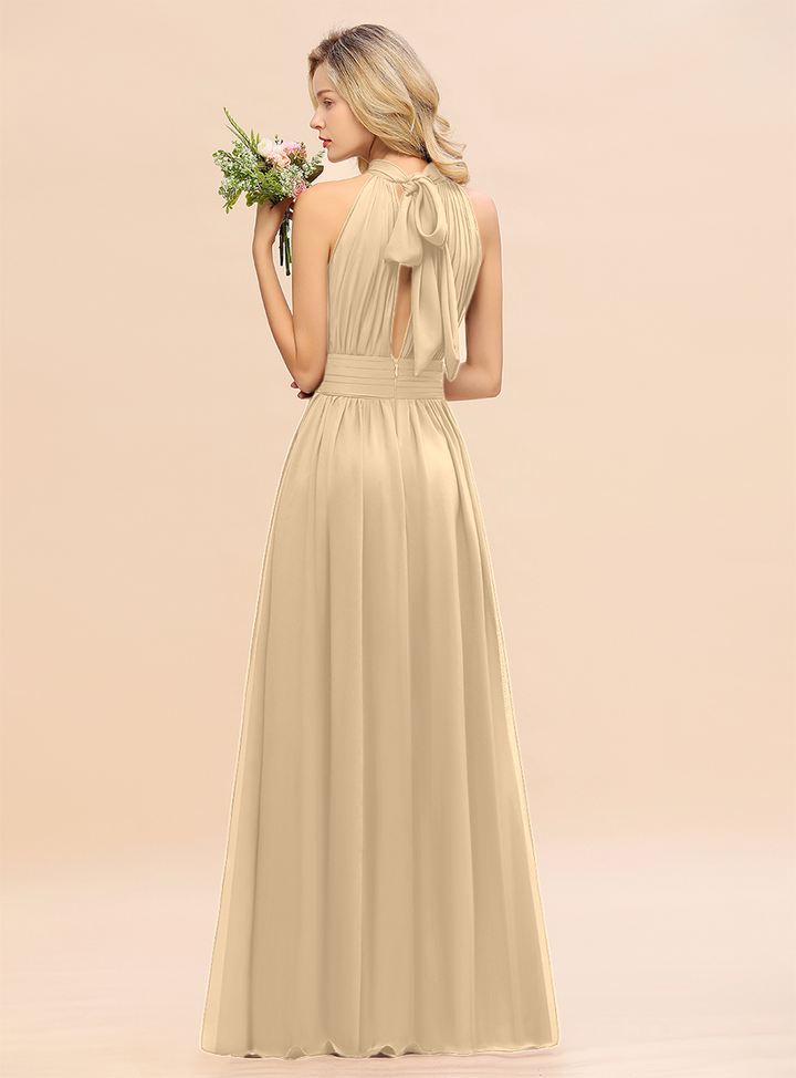 A-line High-Neck Halter Ruffle Chiffon Floor-Length Dress-koscy