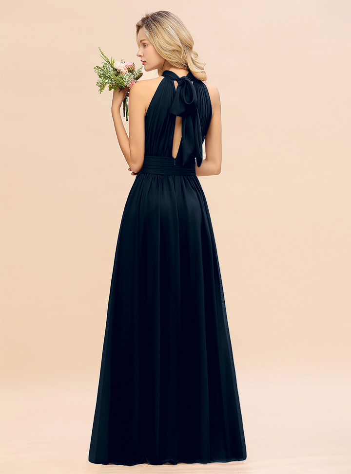 A-line High-Neck Halter Ruffle Chiffon Floor-Length Dress-koscy