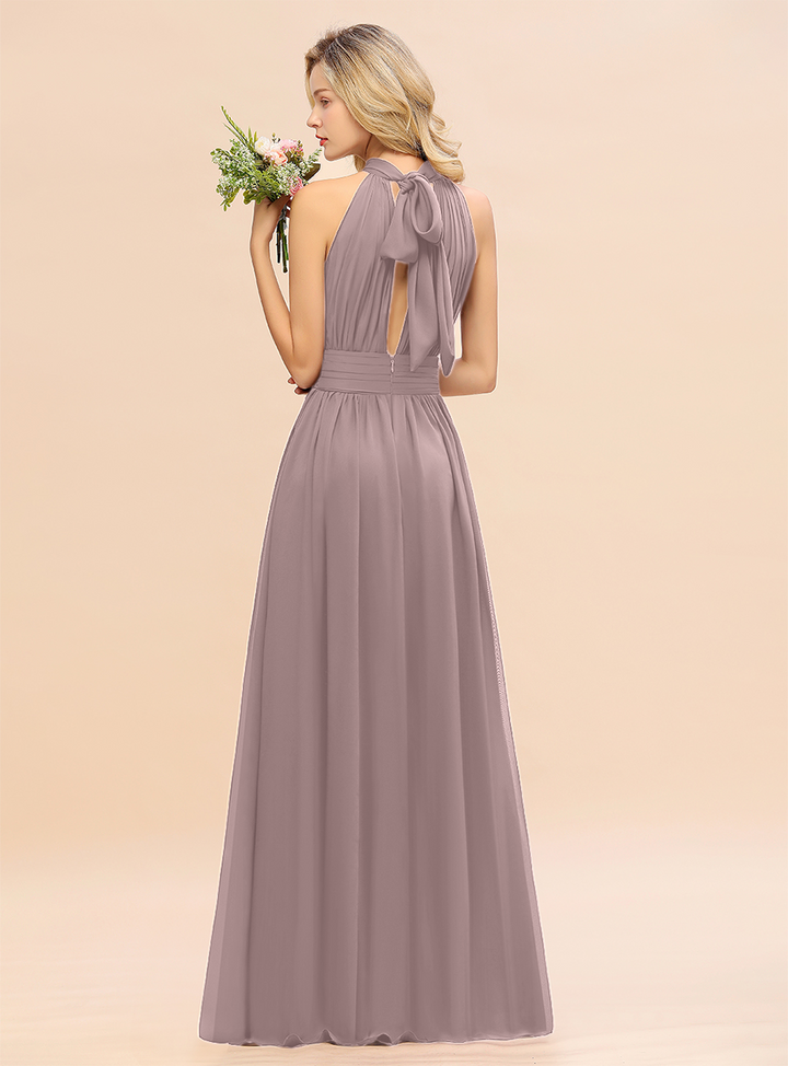 A-line High-Neck Halter Ruffle Chiffon Floor-Length Dress-koscy