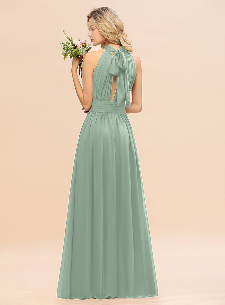 A-line High-Neck Halter Ruffle Chiffon Floor-Length Dress-koscy