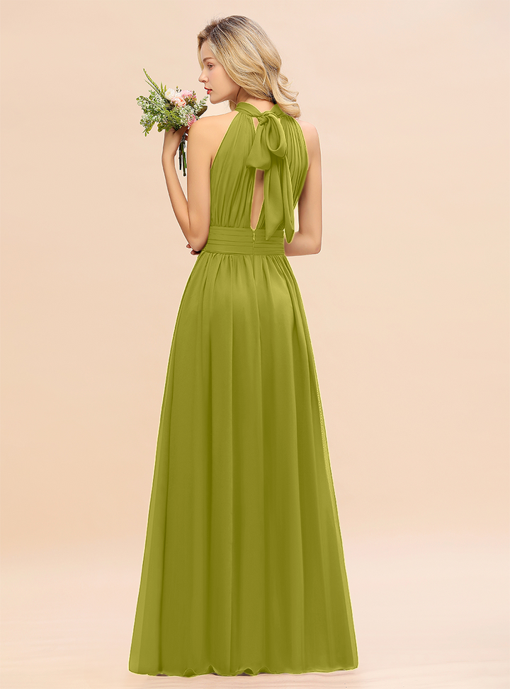 A-line High-Neck Halter Ruffle Chiffon Floor-Length Dress-koscy